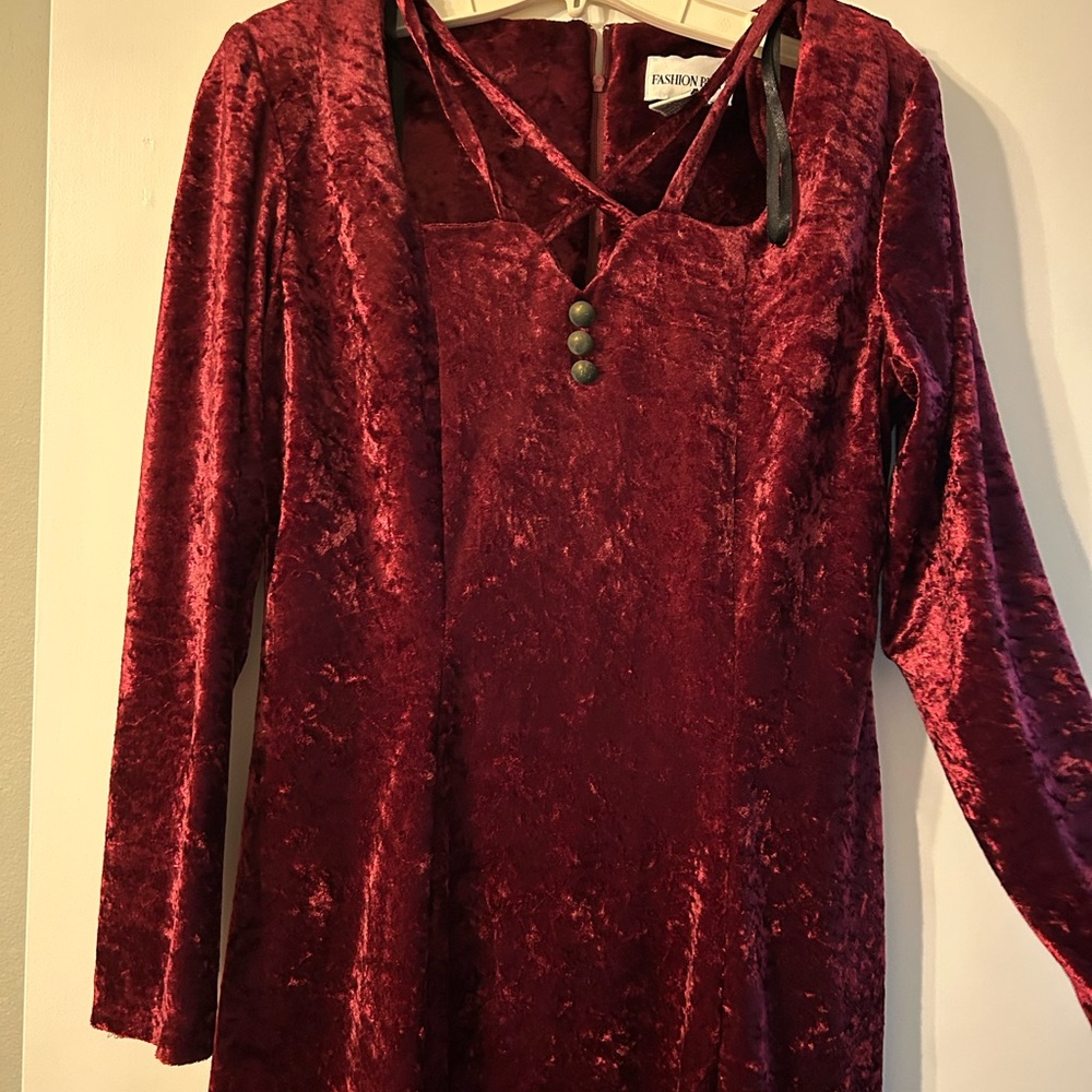 Fashion Bug Velvet Long Sleeve Dress - Burgundy